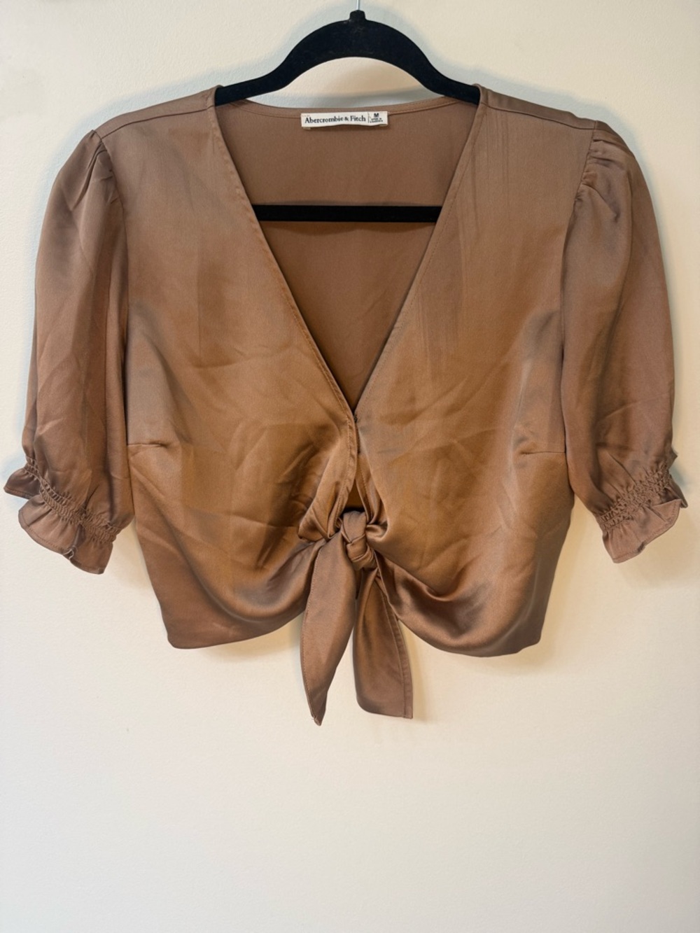 Abercrombie & Fitch Brown Tie-Front Satin Crop Top Brown/ Gold Size M